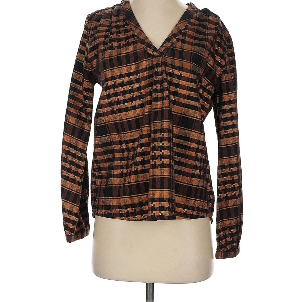 Ace & Jig Brown and Black Notched Collar Long Sleeve Blouse